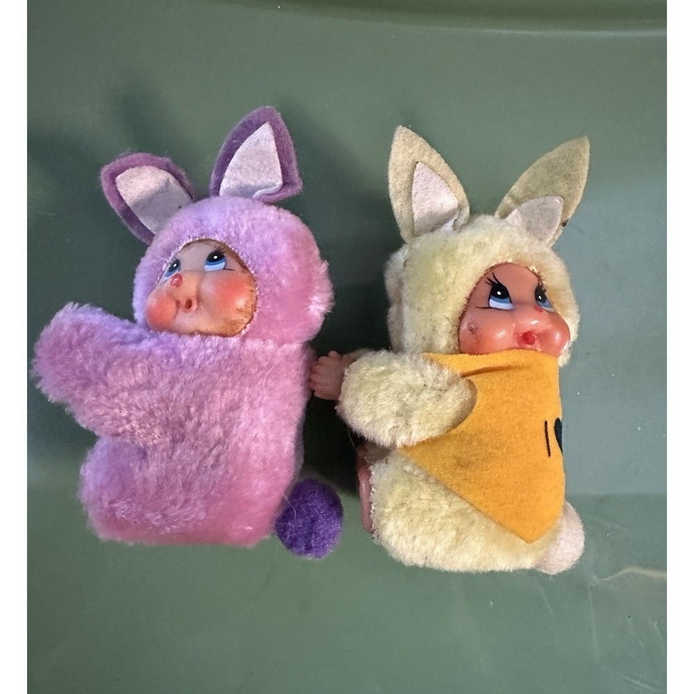Vintage Bunny Dolls Pencil Toppers Clip Retro Pink Yellow Easter Collectible